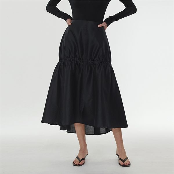 

asymmetry black midi skirt women high waist simple pleated skirts new 210315