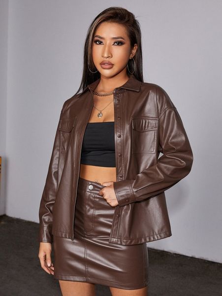 

flap pocket patent blouse & skirt set u97g#, White