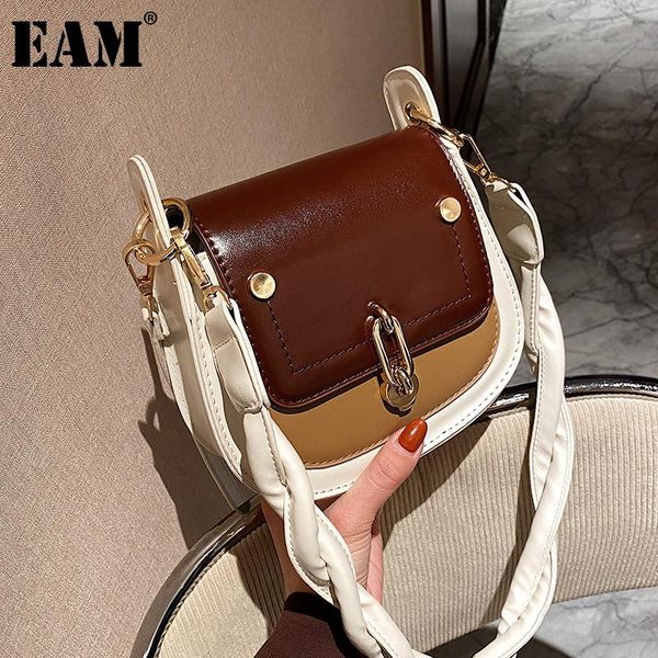 

shoulder bags [eam] women color contrast saddle pu leather flap personality all-match crossbody bag fashion tide 2021 18a2114