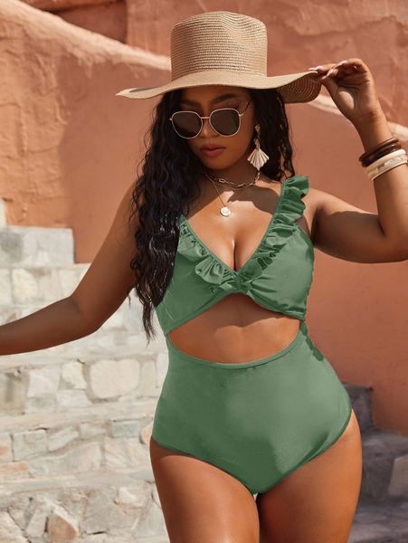 

plus cut-out ruffle trim one piece swimsuit p5nm#, Black