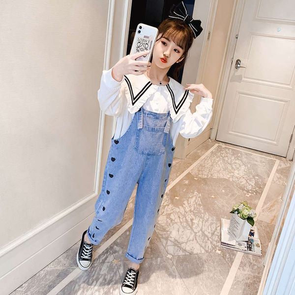 

girls' denim suspenders suit 2021 new china university korean children's spring foreign style shirt two piece set, Blue