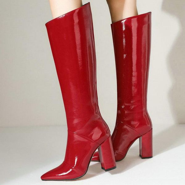 

boots 2021 women knee high pointed toe square heel ladies calf patent pu leather slip on women's black red nude