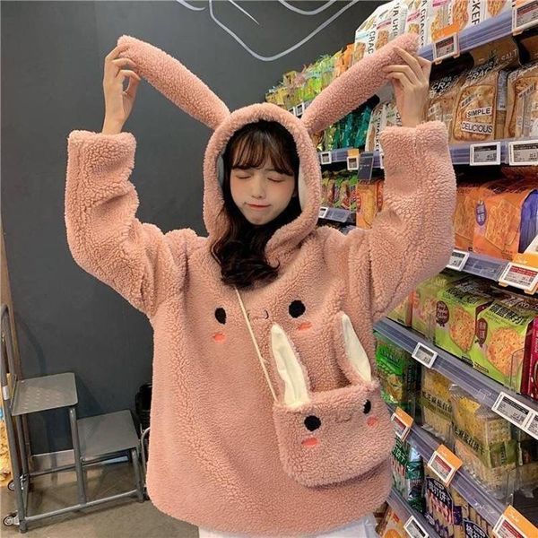 

women's hoodies & sweatshirts 2021 kawaii women with ears white pink loose warm hoodie cute outerwear coat autumn long sleeve japan swe, Black