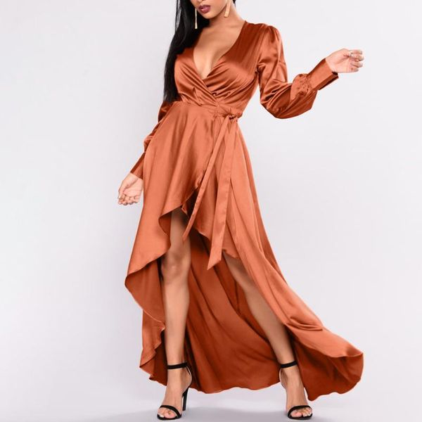 

casual dresses 2021 party graceful women's lady v-neck long sleeve slit asymmetrical dress vestido de festa, Black;gray