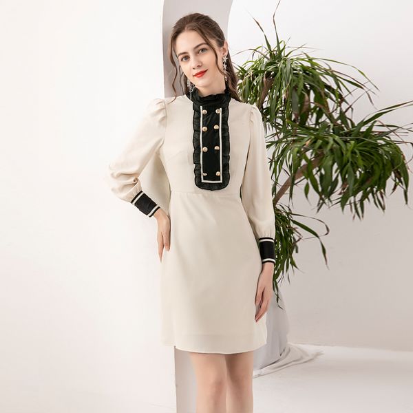 

fashion 2021 spring new women's stand collar black matching double breasted office party elegant chic dress iemj, Black;gray