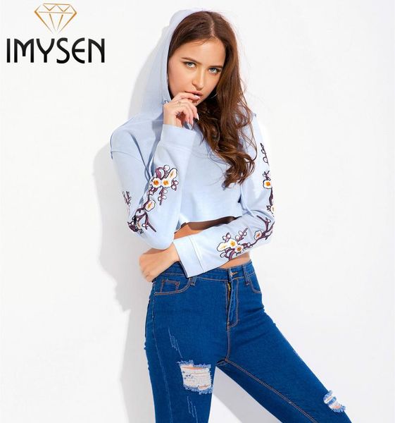 

women's hoodies & sweatshirts imysen 2021 spring autumn casual embroidery women hooded long sleeve crop blue sweatshirt pullovers, Black