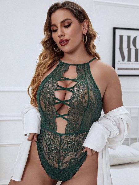 

plus floral lace cross teddy bodysuit h2pb#, Black;white