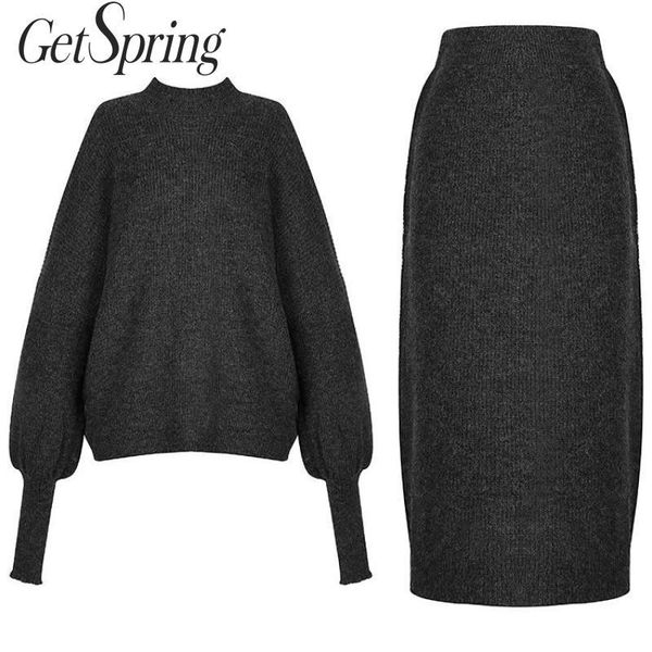 

two piece dress getspring women set skirt sets lantern sleeve turtleneck sweater split high waist long skirts knitting 2, White