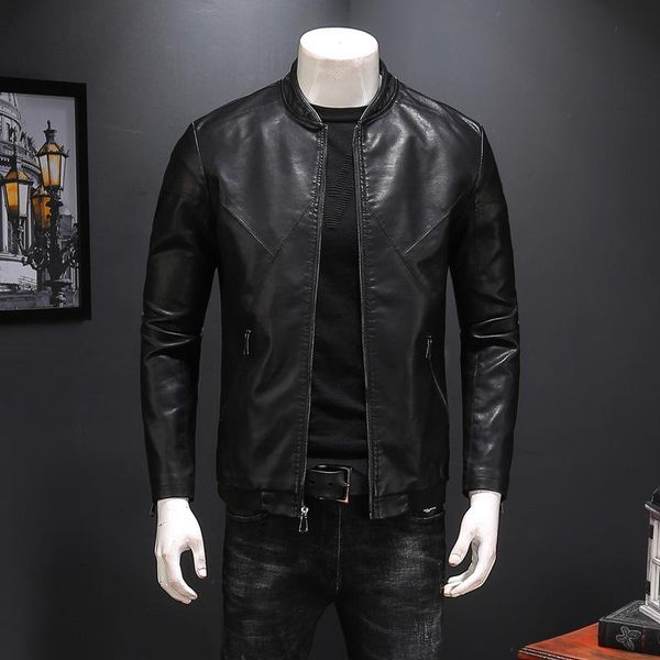 

men's fur & faux autumn winter brand jacket men baseball collar motorcycle leather coats korean tide pu male biker outerwear, Black