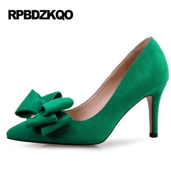 

size 4 34 japanese lavender pointed toe bow footwear 2021 thin high heels green dress shoes women 12 44 suede plus  42 3 inch, Black