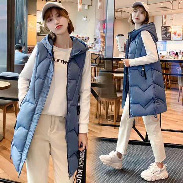 

women's vests black 2021 women winter vest waistcoat long sleeveless jacket hooded quilting down cotton warm female, Black;white