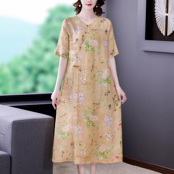 

party dresses 2021 vintage chinese style floral maxi dress summer casual l-5xl plus size ramie midi women slim elegant vestidos, White;black