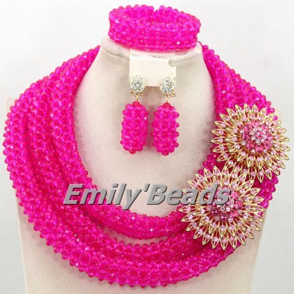

earrings & necklace marvelous nigerian wedding afican beads jewelry set fuchsia pink crystal 2021 handmade amj150, Silver
