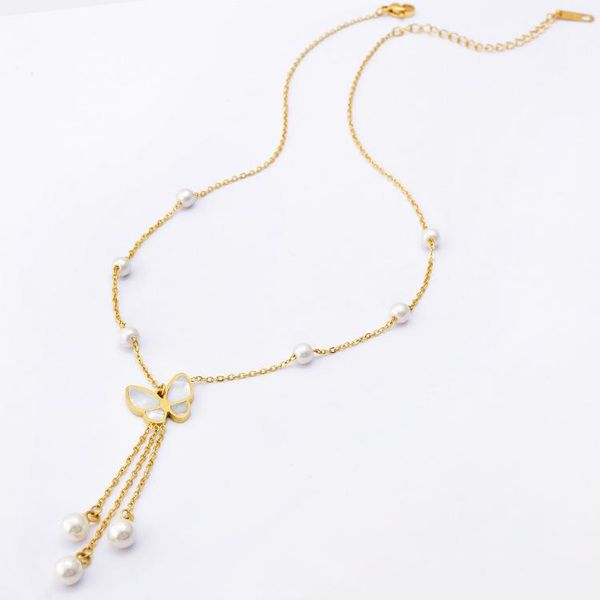 

pendant necklaces fashion luxury white shell butterfly pearl necklace titanium stainless steel tassel 18k gold, Silver