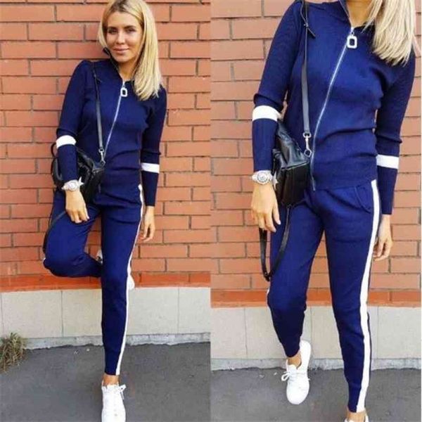

knitted sweater sportwear suit autumn winter women fashion pants two piece sets woman tracksuits et clothes 210602, White
