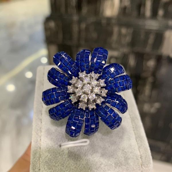 

cluster rings 35mm blue color daisy flower ring 925 sterling silver with cubic zircon invisible set fine women jewelry, Golden;silver