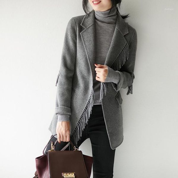

women's wool & blends master suit autumn and winter temperament tassel fashionable body double-sided hair jacket waist women tide, Black