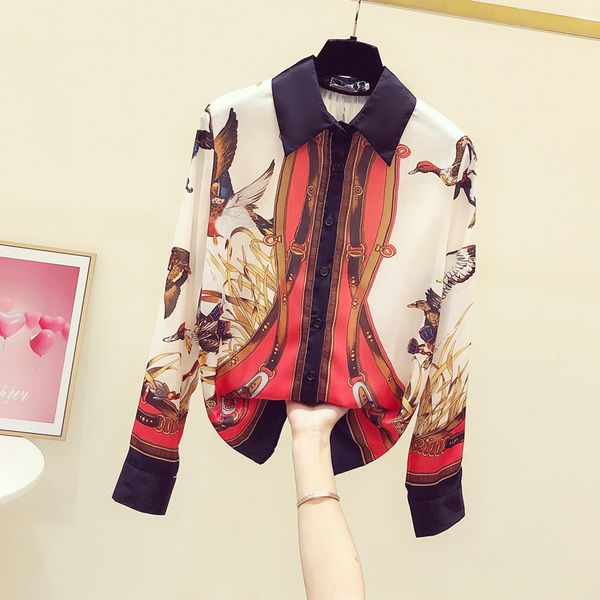 

new retro printed plus size shirt long fashion sleeve chiffon all-female matching dress female office ladies blouse kja3, Black