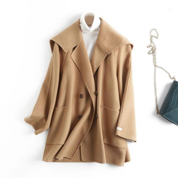 

women's wool & blends fall and winter of 2021 ms woolen cloth coat lapels, han edition double-breasted double-sided cashmere female, Black