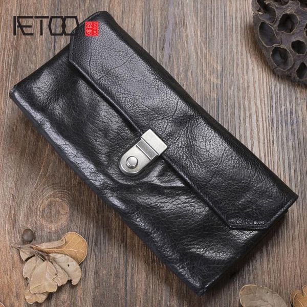 

wallets aetoo vintage handmade leather long wallet, first layer cowhide fold men's and women's mobile phone bag, lock hand bag, Red;black