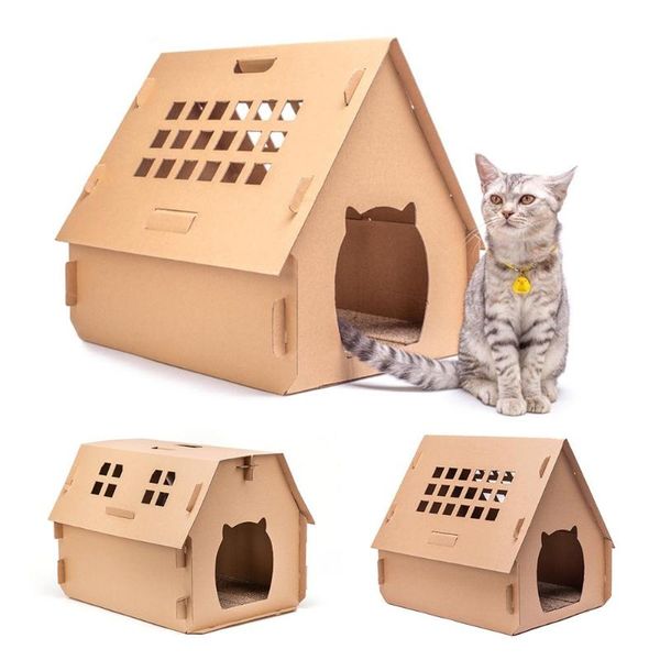

cat beds & furniture pet diy carton box house have small window tools scratch board self assembly kitten indoor corrugated paper