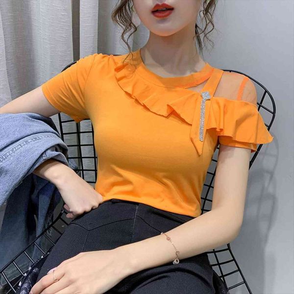 

summer o neck patchwork women ruffles cotton clothes sleeve short camiseta mujer tees t01901, White