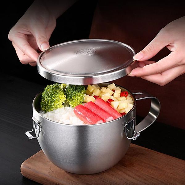 

stainless steel heat insulation leak-proof noodle rice soup bowl with lid & handle container lunch box