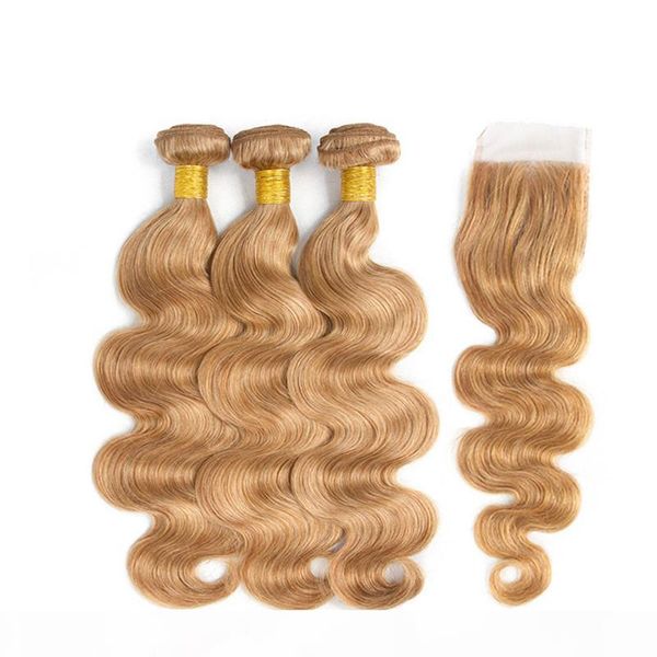 

#27 honey blonde peruvian body wave virgin human hair bundles deals with closure strawberry blonde human hair weaves with 4x4 lace closure, Black