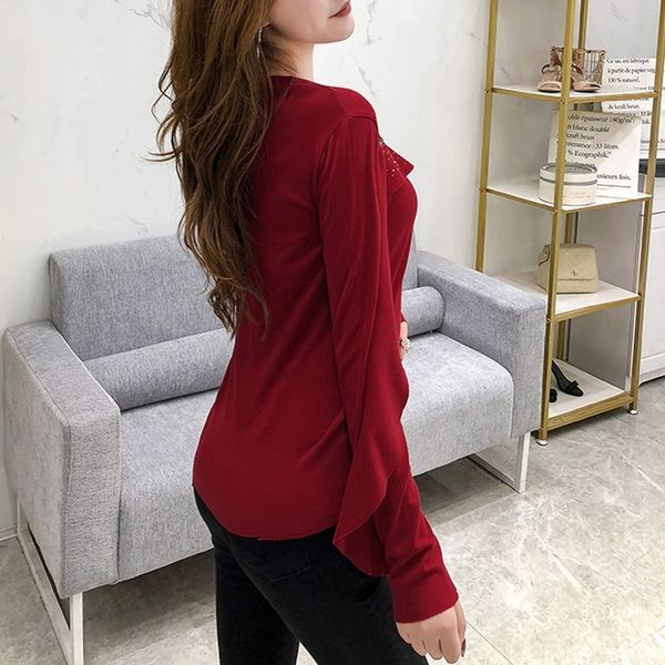

2021 fall winter european style t-shirt fashion diamonds elastic ruffles women ropa mujer bottoming shirt tees new t08631l 7cit, White