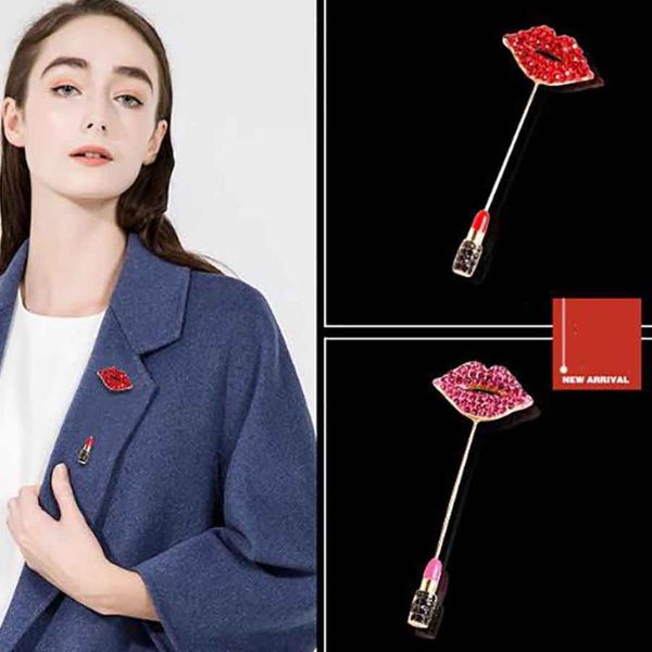 

pins, brooches 2021 fashion jewelry korean gold plated enamel pin metal crystal lips lipstick brooch long vintage for women, Gray