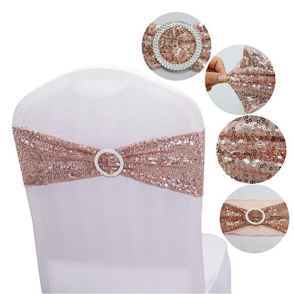 

150pcs quality sequin chair sashes rose gold stretch bands with round buckle