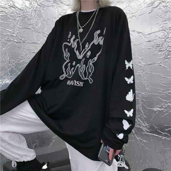 

women spring and autumn korean harajuku style retro printing loose bf style bottoming shirt thin black trend