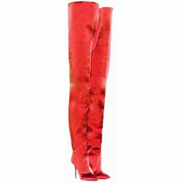 

boots satin pointed toe stiletto over the knee women larger size fashion super high heel long runway booties zapatos mujer, Black