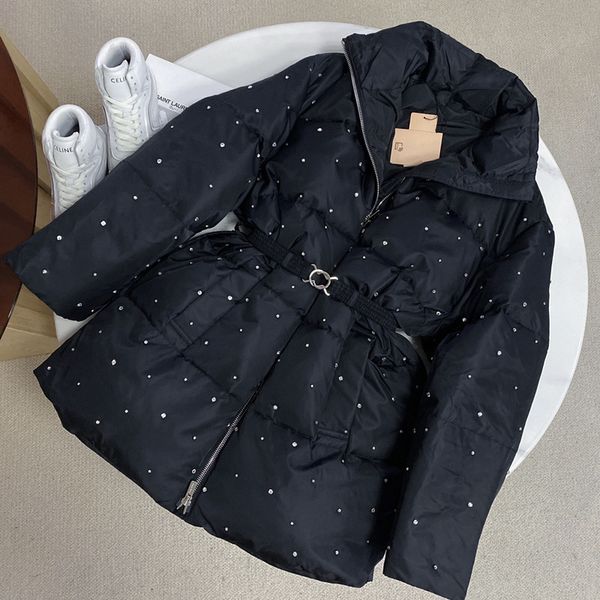 

21 autumn and winter new stand collar medium and long manual nail drill with belt waist down jacket, Black