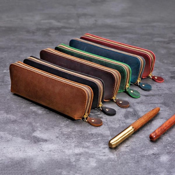 

pencil cases genuine leather school case korean cartridge penal crazy horse pen box vintage kid pencilcase stationery kit supplies bag