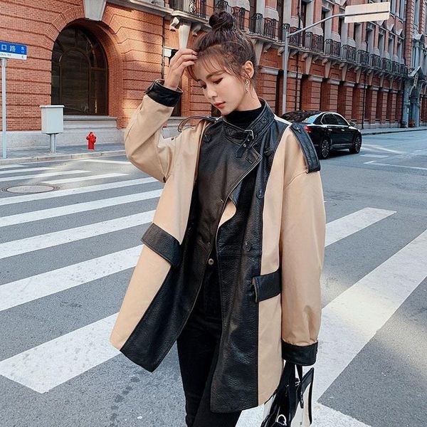 

women's trench coats windbreaker spring autumn locomotive style street pu leather stitching dark line mid-length korean loose fashion j, Tan;black