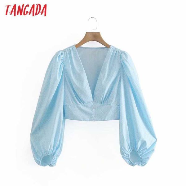 

tangada women elegant v neck floral print short smock blouse female puff sleeve shirts chic crop xn335 210609, White