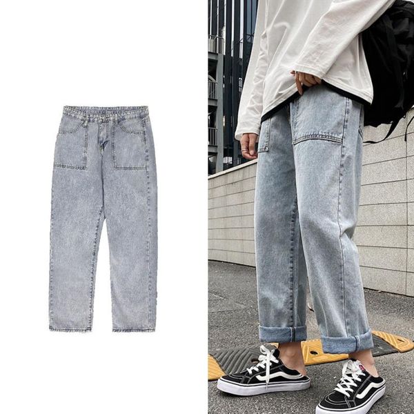 

spring stitching jeans men korean fashion loose casual straight-leg jeans men streetwear big pocket wide-leg denim trousers, Blue