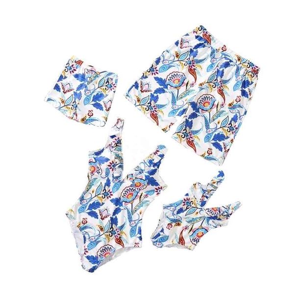

family matching beachwear women girls bikini set summer men bos swimming shorts floral printed swimwear swimsuit 210922, Blue