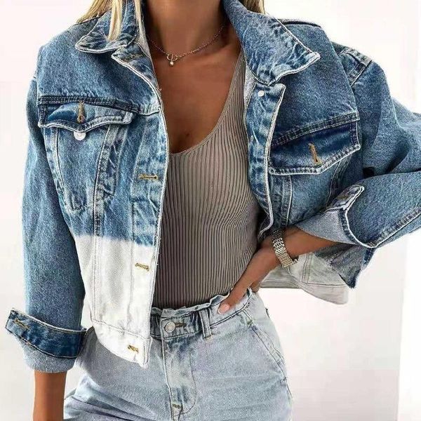 

women's jackets streetwear denim jacket women fall winter long sleeve patchwork color lapel loose lugentolo, Black;brown