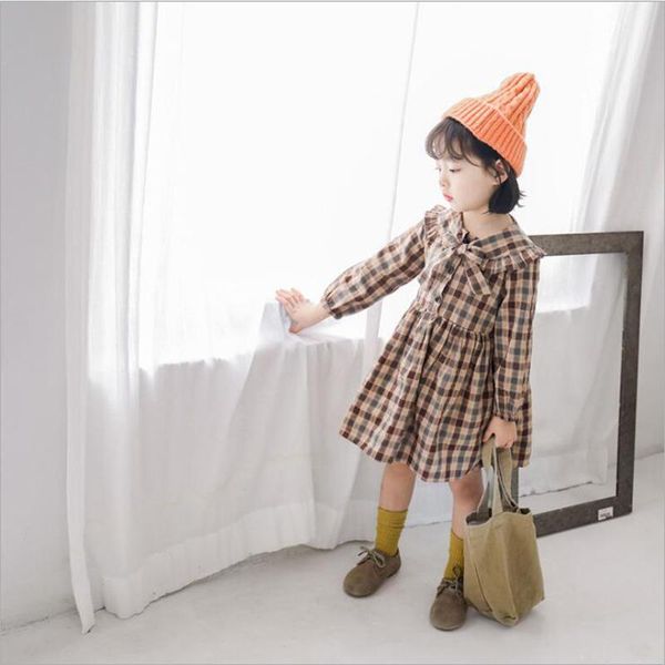 

girl's dresses 2021 autum fashion cute baby girl autumn retro college wind doll collar long sleeve kids plaid girls korean style dress, Red;yellow