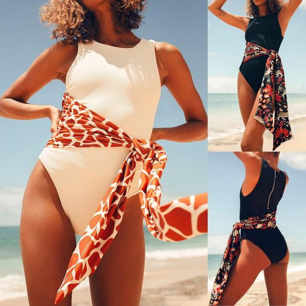 

women one-piece solid color swimsuit with ribbon bikini summer casual swimwear beachwear push up swimming surfing bathing suit