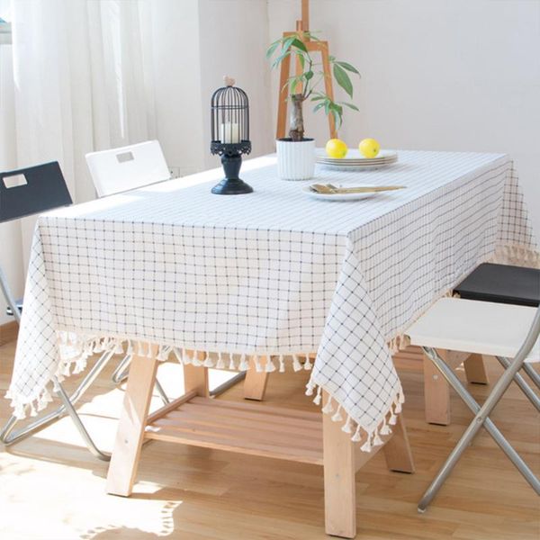 

table cloth square grid tassels cotton linen tablecloth,simple freshness dust-proof checkered cover for dinning tabledecoration