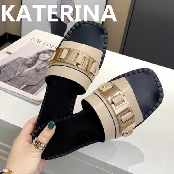 

brand designer flat heel genuine leather metal decor mules square open toe summer casual street fashion shoes women slippers 60% off store o, Black