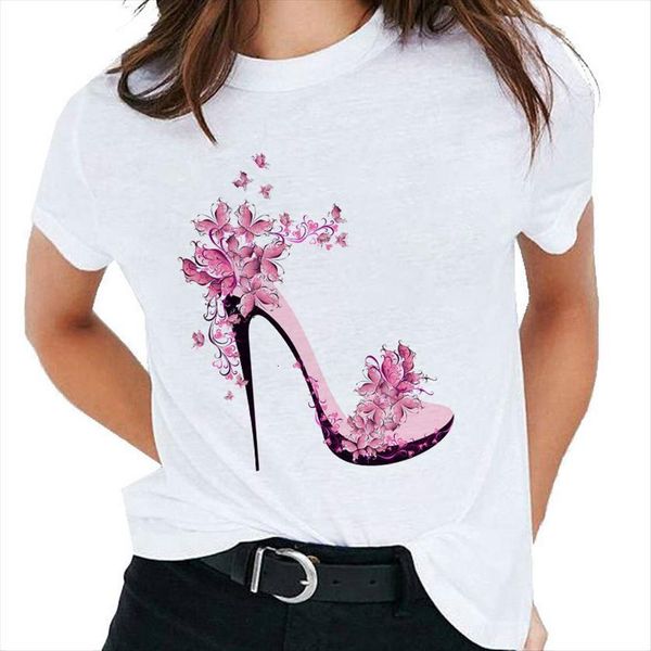 

high heels printed clothing women t shirt harajuku personality tees, White