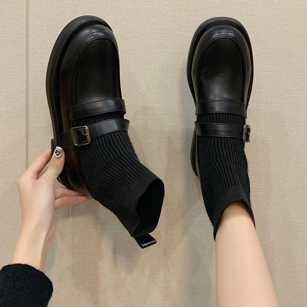 

boots women's autumn female shoes boots-women flat heel round toe ladies ankle rubber rock 2021 low leather solid rome fabric b, Black