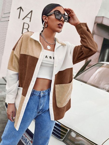 

pocket front colorblock cord blouse f1bm#, White