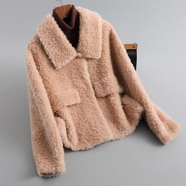 

women's fur & faux 2021 winter women real wool coat lady genuine sheep shearing turn-down collar jacket female elegant thick outerwear, Black