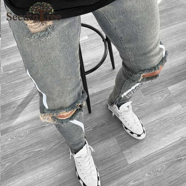 

men's jeans printed ripped stiletto hole slim pencil pants, Blue