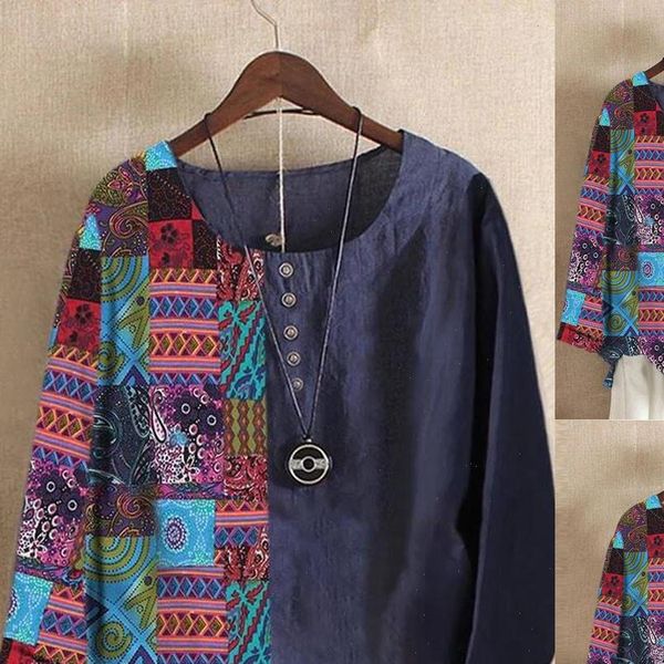 

printed shirt women o neck long sleeve cotton linen botton folk custom blouse autumn kimonos mujer moda 2021 quimono feminino, White